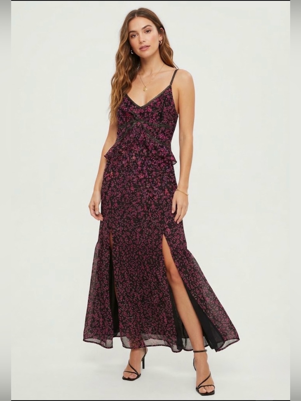 Lovestitch Black Magenta Pink Floral Maxi Dress Size Medium Ruffle Trim